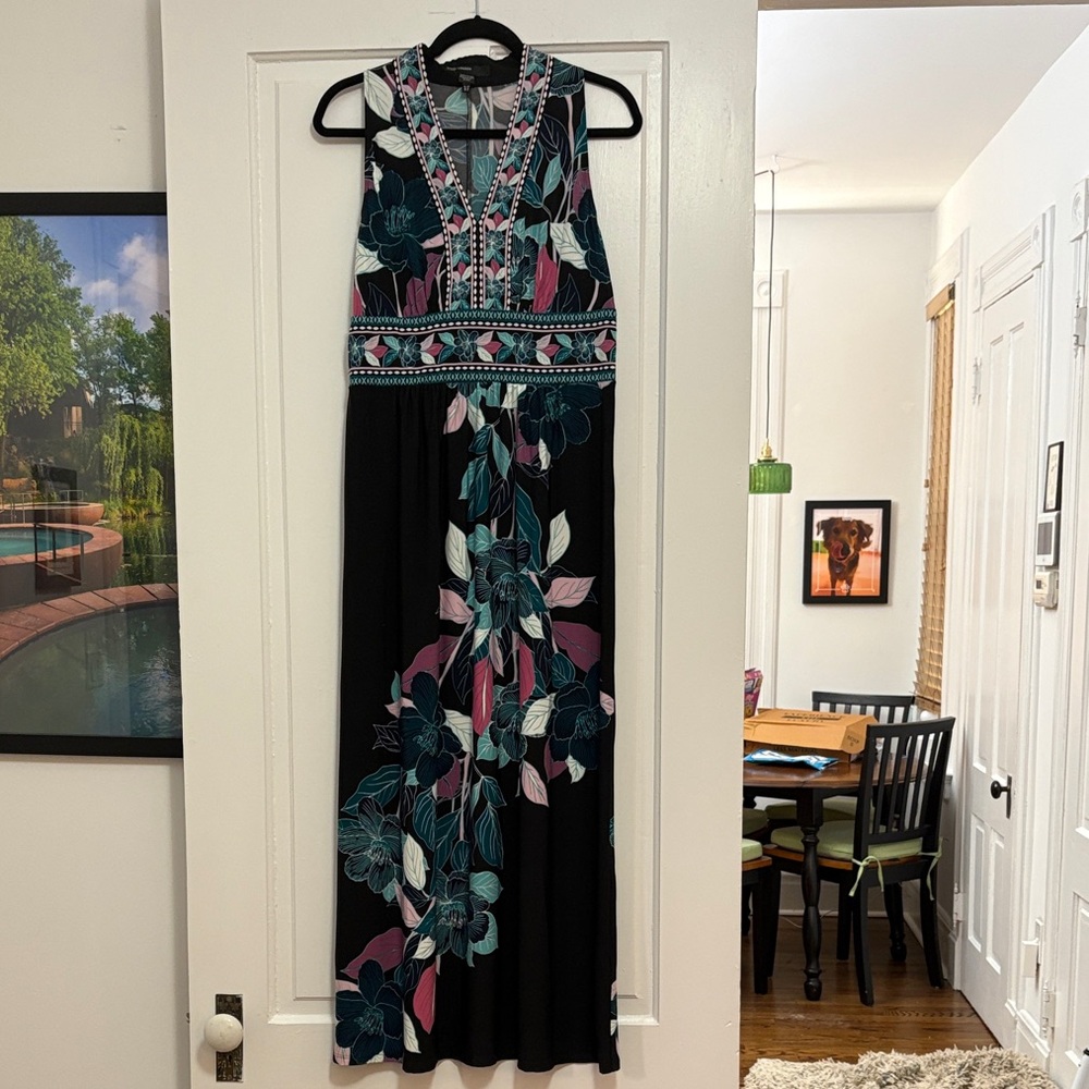 Maggy London Black Maxi Dress with Pink and Teal Floral Accents